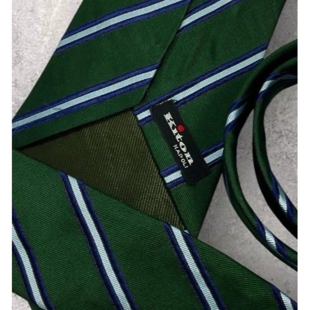 KITON 7fold Silk Tie ITALY XL Green Blue Striped W:3.7" EUC - Picture 2 of 6